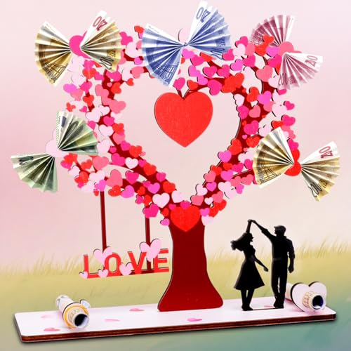 Geldgeschenk Hochzeit Holz mit Lichterketten, Hochzeitsgeschenke für Brautpaar Geld, Herzförmiges Geschenk zum Hochzeit Hochzeitstag aus Holz (Farbige Holzplatten),Geldbaum Hochzeit Ideen