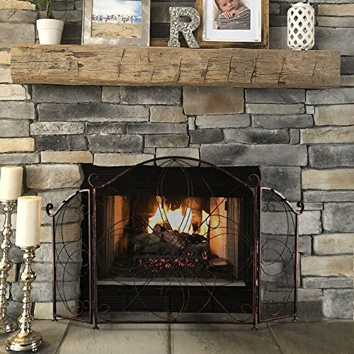 Fireplace Screen Guard, Fireplace Screens Two-Fold Iron Fireplace Screen with Corners Retro Old Pattern Grill Living Room Fireplace Screen Flat Firepl