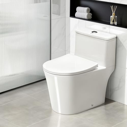 Bolina W2111D One-Piece Dual Flush Toilet, 0.8/1.28 GPF,Soft-Close UF Seat,V-Shape Elongated Bowl, 12-In Rough-In, White, WaterSense & EPA Certified, Tornado Flush