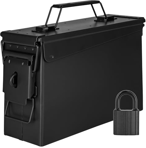 Trucky Caja de municiones con cerradura 28x10x18 cm, caja de metal con tapa, caja de almacenamiento de municiones del ejército, negro, metal