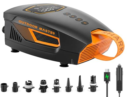OutdoorMaster Shark 3 Mini 74Wh Bomba Eléctrica Sup Portátil, Inflado Rápido 5'30, Bomba Paddle Recargable, Auto-Apagado y Desinflado, 20 PSI, 12V/15,8V DC y USB-C, 8 Boquillas