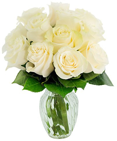 KaBloom PRIME NEXT DAY DELIVERY - Fall Collection - Bouquet of 12 White Roses with Vase.Gift for Birthday, Sympathy, Anniversary, Get Well, Thank You, Valentine, Mother’s Day Fresh Flowers