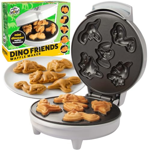 Dinosaur Mini Waffle Maker- 5 Different Double Sided 3D Shaped Dinos in Minutes- Kids Adults Breakfast Fun w/Cool Novelty Pancakes, Electric Baker, Non-Stick Waffler Iron w Recipe Guide, Gift for Him
