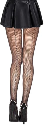 Abberrki Womens Sexy Back Seam Fishnet Tights Sparkle Fishnet Stockings with Rhinestone Backseam (Backseam with diamond)