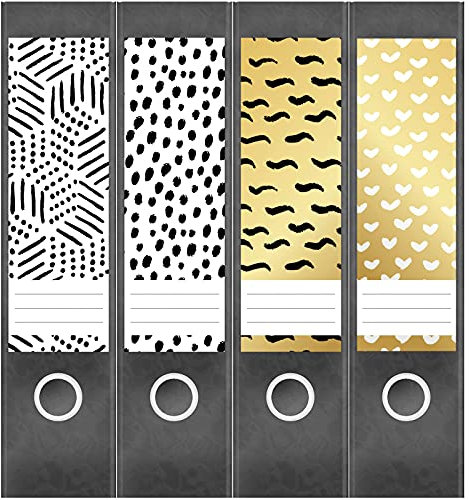 Etiketten für Ordner | Gold Look Schwarz Weiss | 4 breite Aufkleber für Ordnerrücken | Selbstklebende Design Ordneretiketten Rückenschilder