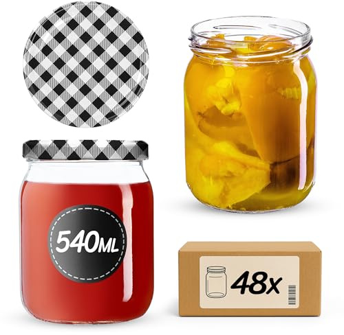 KADAX syltburkar 540 ml, konserveringsburkar med skruvlock, glas med skruvlock, konserveringsburkar, förvaringsburkar för insättning av gurkor (48 stycken, svart rutig)