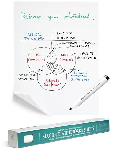 Easycling Magique - Pellicola autoadesiva per lavagna bianca con 25 fogli e pennarello, aderisce su tutte le superfici dure, 60 cm x 80 cm