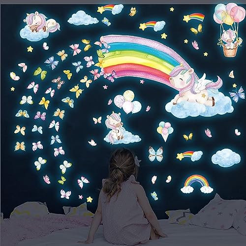 HSDSH Licorne Étoile Lumineuse Plafond Stickers Muraux Étoile Fluorescente Arc en Ciel Licorne Autocollant Mural Papillons Nuage Étoile Décoration Murale Chambre Fille Enfants Bébé Pépinière Salon