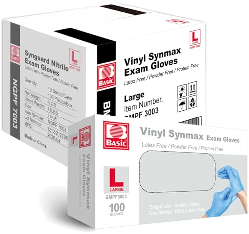 Jointown Basic Medical Synmax Vinyl Exam Gloves - Latex-Free & Powder-Free - Large, BMPF-3003(Case of 1,000)