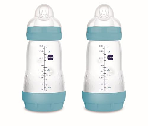 MAM Pack 2 Biberones Anticólicos, 2-4 Meses, 260ml, con con Tetina 2 Flujo Medio de Silicona de Fácil Aceptación, Autoesterilizable y Fácil de Limpiar, MAM Easy Start Anti-Colic, Azul Mate, 2uds
