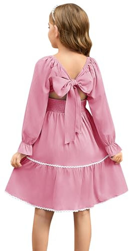 GRACE KARIN Kids Dress A-Linie Party Dress Puff Sleeve Girls Dress Elegant Swing Dress 6-7 Years/Pink-3