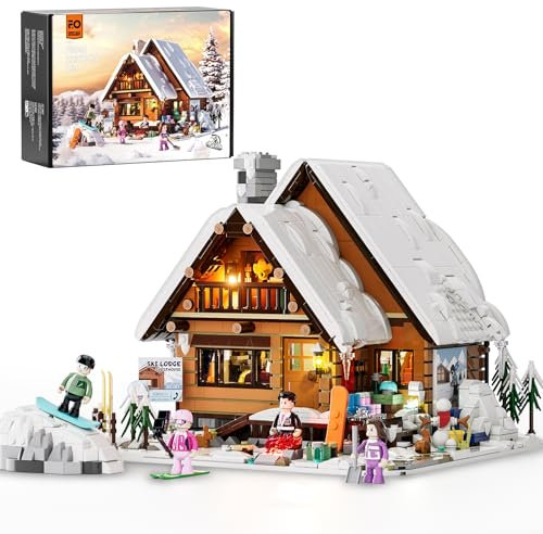 FUNWHOLE Christmas Ski House Building Blocks Set with LED Light, 2187 Pieces Ski Lodge Building Blocks Snow Hut Toy Modular Building Blocks Clamping Blocks for Adults and Teenagers
