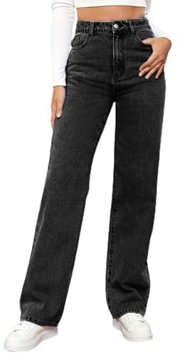 MANGGUO Damen-Jeans, hohe Taille, gerader Schnitt, gerade, Baggy, breite Beine, schlankmachend, mit allen Hosen für Herbst und Winter, elastisch, klassisch, Denim（Schwarz, S）