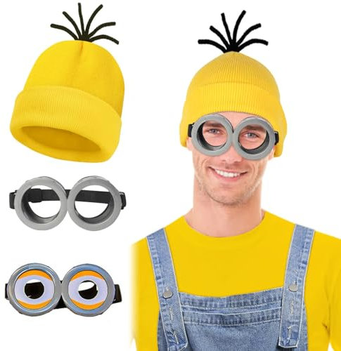 GmwyCzV 3 Stück Minion Kostüm Zubehör, Despicable Me Minion Glasses Fancy Dress Costume, Yellow Costume Set for Cosplay, Halloween Yellow Costumes Adults, Schwarze Handschuhe und Gelbe Beanie Hüte.