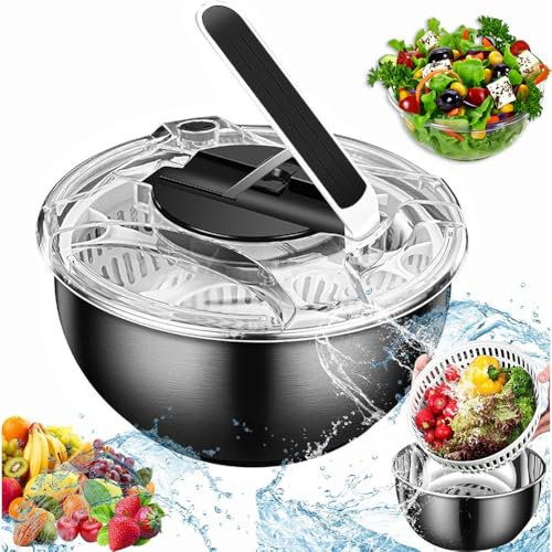 Centrifuga per Insalata A Pressa in Acciaio Inossidabile, Asciugatrice per Lattuga da 3,5 Litri con Cestello per Colino, Lavasciuga per Frutta E Verdura Doppia, Disidratatore con Filtro E Scolapasta