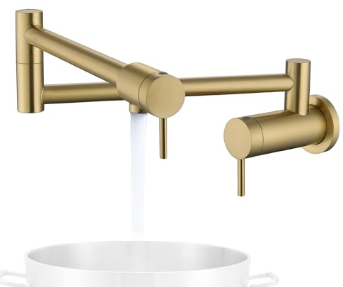 Senhozi Brushed Gold Pot Filler Faucet, Modern Commercial Wall Mount Kitchen Faucets, Gold Pot Filler Folding Faucet Over Stove with Stretchable Double Joint Swing Arms, SE-0051-BG