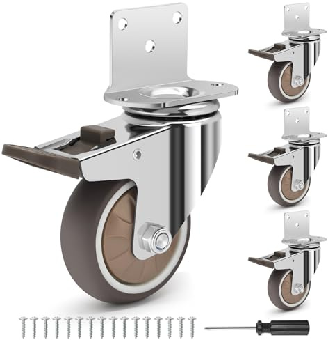 Humagineer Side Mount Caster Wheels 3 Inch Set of 4 - Silent Rubber L-Shaped Casters with Locking Brakes, Total Capacity 1000 LBS, Non Marking Plate Swivel Wheels for Furniture, Workbench, DIY Project