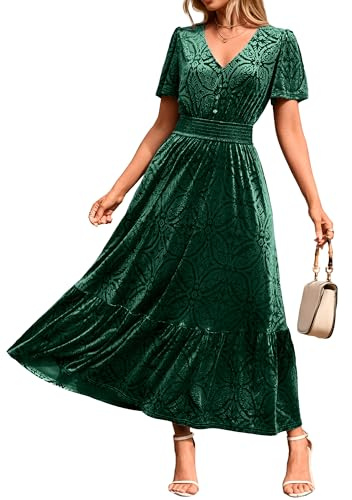 Simplee Womens Fall Velvet Dress Short Sleeve V Neck Floral Maxi Dress Long Formal Winter Wedding Guest Dresses, A-Emerald Green, L