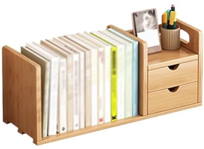 almacenamiento de libros Estantería de escritorio pequeña con cajones dobles, soporte de exhibición de escritorio de bambú, organizador de almacenamiento de suministros for el hogar y la oficina estan