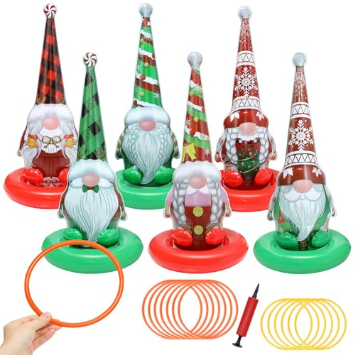 Christmas Gnome Ring Toss Game Set, 17pcs Christmas Ring Games with Air Pump, Inflatable Rings Party Toys Gifts for Adults Kid Family School Party Favor Indoor Outdoor Toss Game