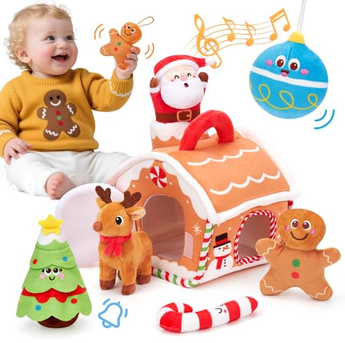 hahaland Weihnachts Plüschtiere Baby Spielzeug 6–12 Monate, Nikolaus Geschenk Spielzeug 6 Monate,Christmas Kuscheltier mit Lebkuchenhaus Santa Elch Rassel,Baby Spielzeug ab 1 Jahr