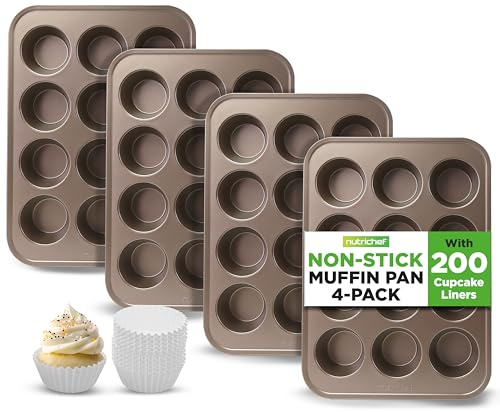 NutriChef Moldes para magdalenas para hornear, 4 unidades, antiadherentes, 12 moldes para cupcakes, bandejas apilables de acero al carbono, aptas para lavavajillas y horno, incluye 200 forros de papel