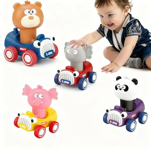 Beenavee Press & Go Tier Spielzeugautos para niños pequeños, coche de carreras para bebés, juguete educativo para niños a partir de 1, 2, 3 años como regalo para niños y niñas (4 piezas)