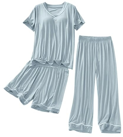 Vêtements de nuit avec soutien-gorge intégré – Ensemble de vêtements de détente 3 pièces pour femme – Chemise de nuit à manches courtes et short – Pantalon long en modal léger et confortable