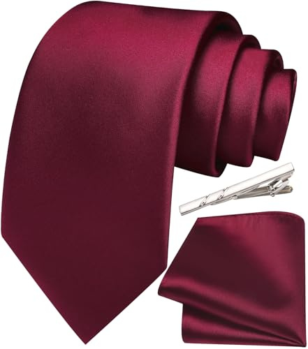 Ailisus Burgundy Tie and Pocket Square Set Satin Silk Necktie & Handkerchief for Men Wedding Business Formal Classic