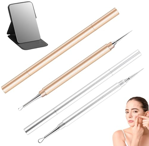 ZenyTra Pimple Remover Set (2 Colours) - Stainless Steel Blackhead Remover & Comedone Squeezer with Mirror, Professional Tool Against Acne, Blackheads and Blackheads
