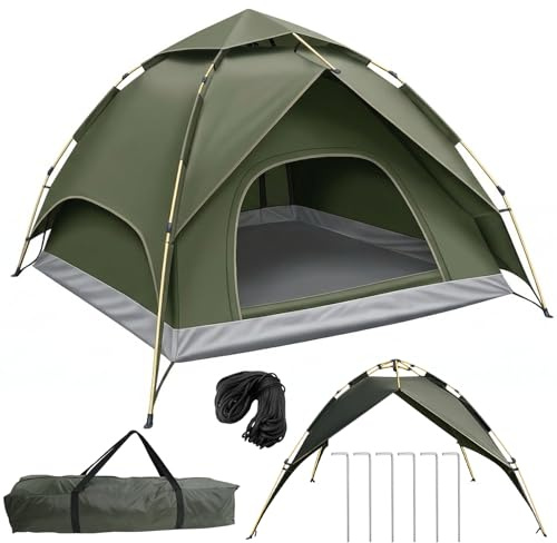 Pop Up Zelt 3-4 Personen, Automatisches Wurfzelt mit 3000mm Wasserdicht, Doppelwand Campingzelt für Festival, Trekking & Familie, Schnellaufbau in 40 Sek, 2 Türen, 2.3x2.3x1.2m, Grau