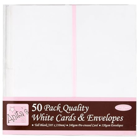 Anita's Tall Plain, Blank Cards & Envelopes, 10.5 x 21cm, White, Pack of 50, for Home, Wedding, Birthday, Christmas, Thank You, Art & Craft, Scrapbooking Supplies, Baby Shower, Card Making