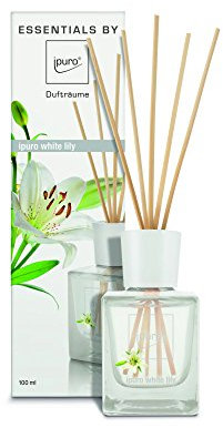 ipuro Essentials Raumduft white lily - Raumduft für ein blumig-zartes Raumklima - Lufterfrischer mit hochwertigen Inhaltsstoffen (100ml) - aus Glas mit Rattanstäbchen