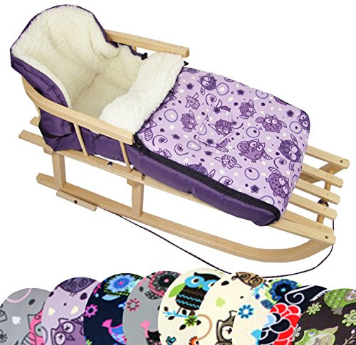 BambiniWorld Kombi-erbjudande träsläde med ryggstöd och dragrep universell vinterväska (90 cm), även lämplig för babystol, barnvagn, barnvagn, buggy, av ull i uggledesign (uggla §6)
