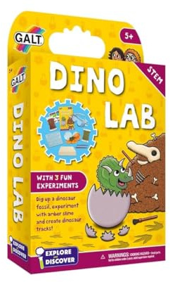 Galt Dino Lab – Explore & Discover Science Kit with 3 Fun Dinosaur-Themed Experiments for Kids – National Curriculum STEM Toys with Dig-Out Fossil Excavation Stone, Educational Toys for 5+ Year Olds