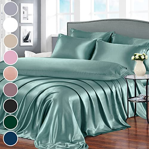 Homiest 7-Piece Satin Bed Sheets - King Size, Luxury Silky Satin Bedding: 1 Deep Pocket Fitted, 1 Flat Sheet, 4 Pillowcases, 1 Body Pillowcase - Greyish Green