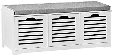 SoBuy Banco Zapatero con Asiento, Banco Almacenaje con 3 Cubos y Cojín Acolchado – Banco Entrada Recibidor Blanco, 105 x 35 x 43 cm, Soporta 150kg – FSR23-W