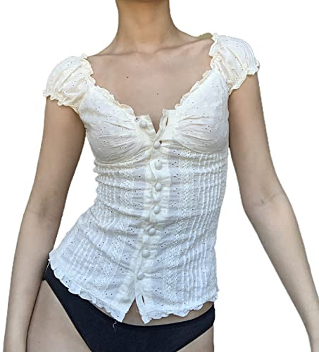 Geagodelia Blusa de manga corta con volantes Y2K para mujer, con cuello cuadrado, estilo grunge, estética vintage de los años 90, para mujer, B 01- Blanco, S