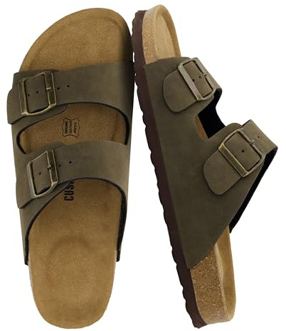 CUSHIONAIRE Lane Cork Footbed Mens Sandals, Adjustable Buckle Comfort Slides for Men, Genuine Leather Insole Summer Sandals Men Footwear, OLIVE 12