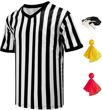 4Pcs Referee Shirt Men Ref Jersey V-Neck Black and White Stripe Uniform Kit for Basketball Football Soccer Halloween Costume Yellow and Red Penalty Flag and Stainless Steel Whistle L