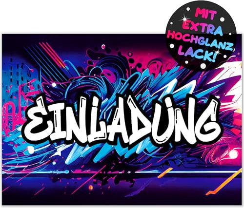 12x Graffiti EINLADUNGSKARTEN KINDERGEBURTSTAG Junge Mädchen - die frech bunten Graffiti PARTY Karten sind die perfekte Graffiti EINLADUNG für Jungen Mädchen Kinder GEBURTSTAG KINDERPARTY Gaming