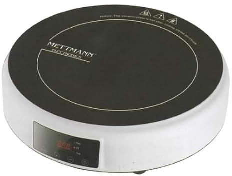 METTMANN ELECTRONICS - Placa de inducción portátil de 2000 W, diseño redondo exclusivo, temporizador con parada. Adecuado para recipientes compatibles con inducción de 25 cm.