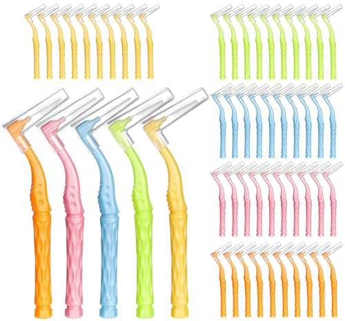 RAYITO 100 Pcs Interdental Brushes, 5 Sizes Soft Dental Brushes | Non-Slip Handle Angled Head Tooth Picks Floss Sticks Dental Floss Brushes for Braces Oral Cleaning Narrow Gaps Between Teeth