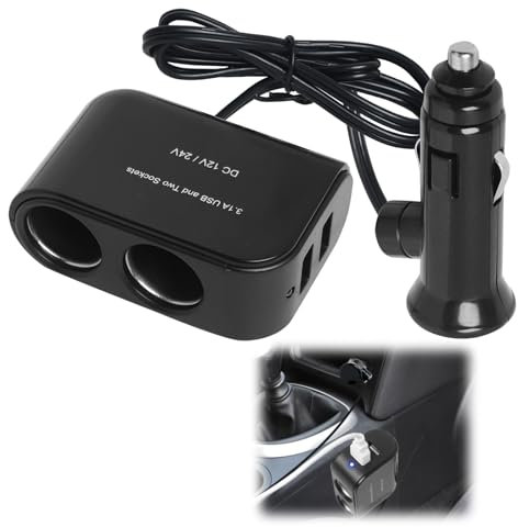 Car Cigarette Lighter Splitter Adapter with Dual Sockets & 2 USB Ports, 12/24V Vehicle Power Socket Splitter Charger for Dash Cams, GPS, Smartphones, Tablets - High-Speed Charging, Multi-Device Suppor