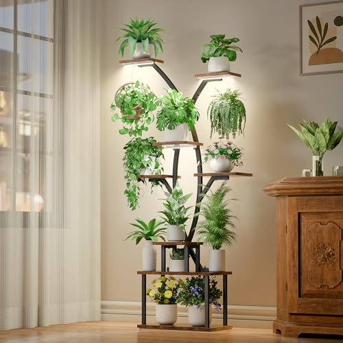 JUSTOGO Blumenständer Pflanzenständer mit Wachstumslichtern - 7 Etagen Pflanzenregal Indoor aus Holz und Metall, 164cm Blumenregal Groß für Wohnzimmer, Balkon, Schlafzimmer, Garten