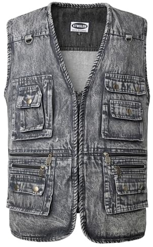 KTWOLEN Gilet en Jeans pour Homme Vintage Multi-poches Gilet de Motard Veste en Jean Sans Manches Rétro Veste Denim Gilet de Pêche Travail Chasse, Charbon, L