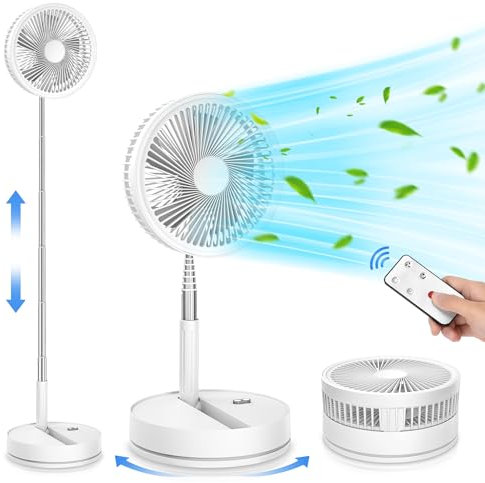 Ventilatore Pieghevole a Oscillante con Telecomando, 9 Bianco Ventilatore da Pavimento/Tavolo, 7200mAh USB Ricaricabile, 4 Velocità, Timer, Silenzioso per Camera da Letto Ufficio Viaggio Scrivania