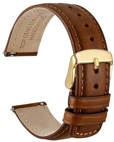 WOCCI 18mm Uhrenarmband für Herren und Damen, Echtes Leder - Top Genarbtes Leder, Schnellverschluss, Goldene Schnalle (Goldbraun)