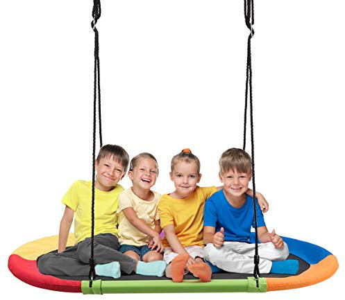COSTWAY 60 inch Kids Nest Swing, Giant Platform Swing with Adjustable Hanging Ropes, 150kg Capacity Tree Swing Seat for Park Backyard Playground (Multi-color)