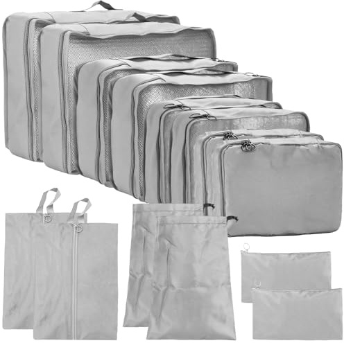 YUENPUN 14 cubi da imballaggio per valigie, 7 misure, multifunzione, da viaggio, borse da imballaggio leggere per vestiti, scarpe, articoli da toeletta cosmetici, grigio